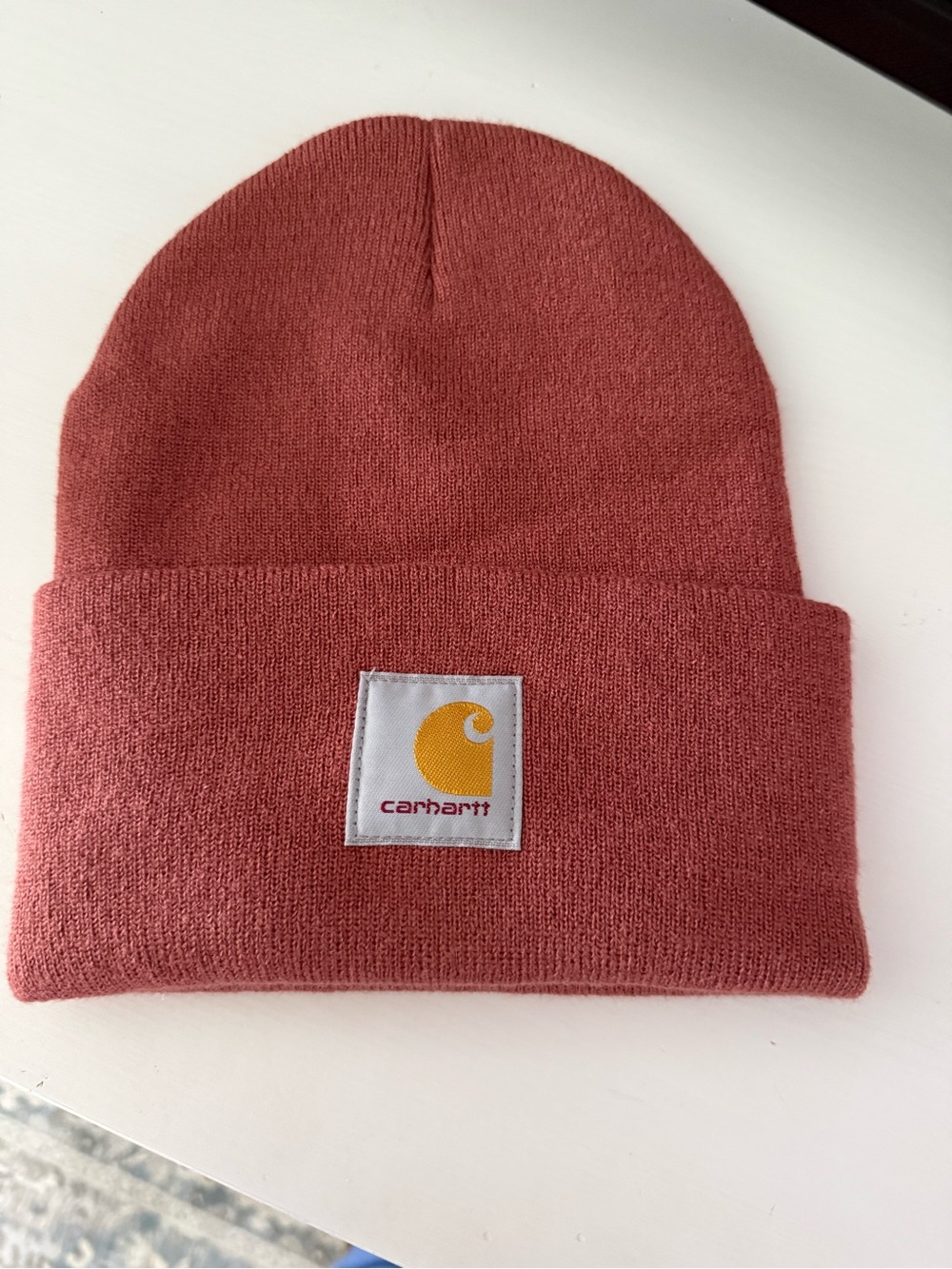 Carhartt Knit Cuffed Beanie in Rosewood with Yellow Logo